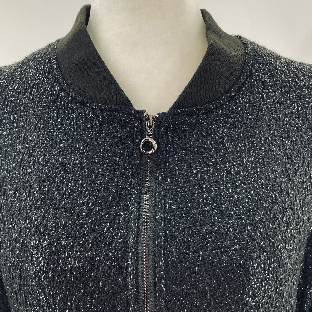 Molly Bracken Black Knit Metallic Textured Lightweight Lined Bomber Jacket M - Picture 5 of 11
